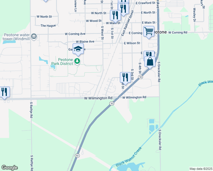 map of restaurants, bars, coffee shops, grocery stores, and more near 596 South West Street in Peotone