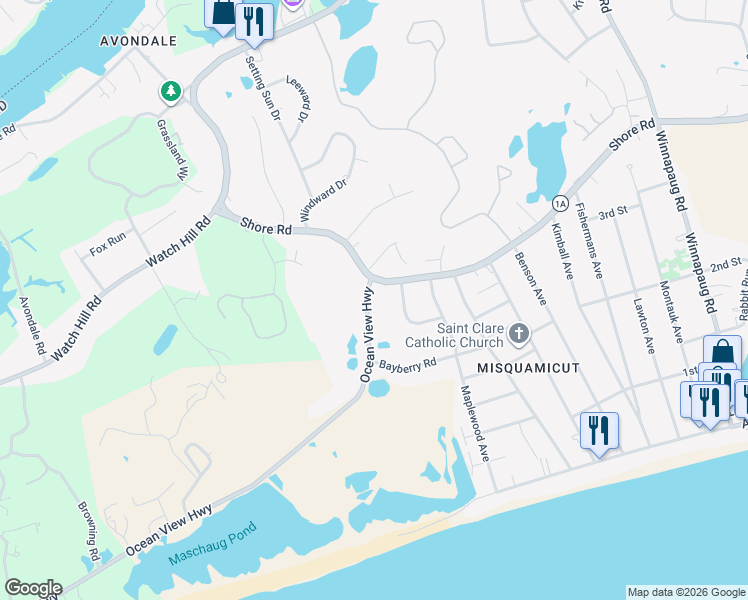 map of restaurants, bars, coffee shops, grocery stores, and more near 33 Shore Road in Westerly