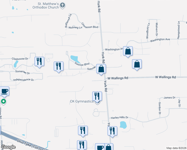 map of restaurants, bars, coffee shops, grocery stores, and more near 10055 Independence Drive in North Royalton