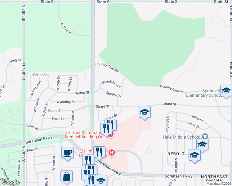 map of restaurants, bars, coffee shops, grocery stores, and more near 7058 Starlite Drive in Omaha