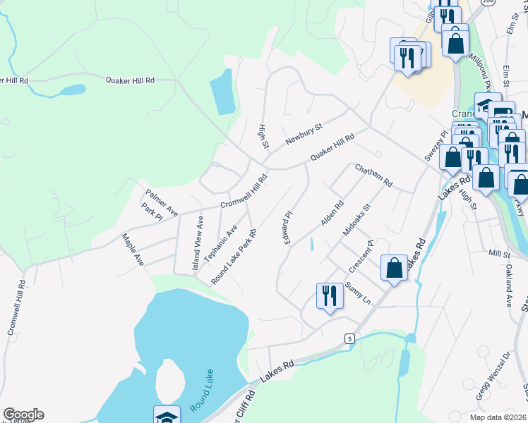 map of restaurants, bars, coffee shops, grocery stores, and more near 17 Round Lake Avenue in Monroe