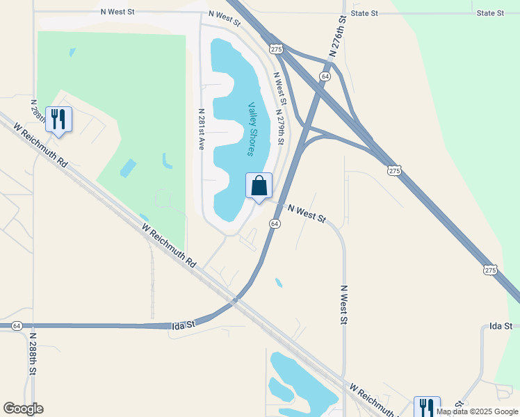 map of restaurants, bars, coffee shops, grocery stores, and more near 27800 Ida Street in Valley