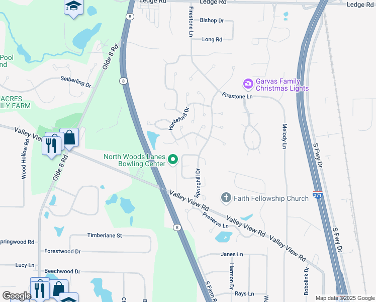 map of restaurants, bars, coffee shops, grocery stores, and more near 8589 Wrenford Court in Macedonia
