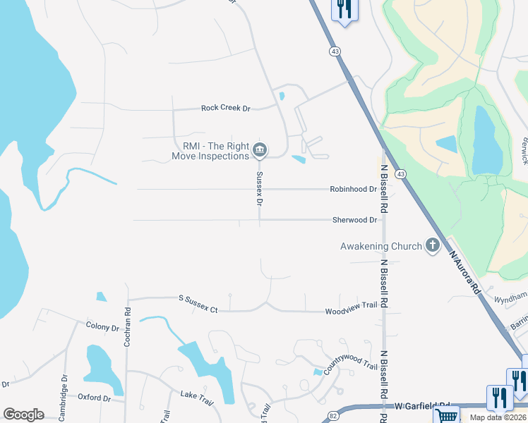 map of restaurants, bars, coffee shops, grocery stores, and more near 620 Sherwood Drive in Aurora