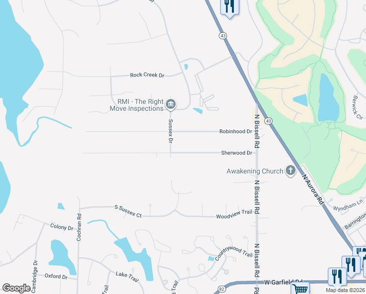 map of restaurants, bars, coffee shops, grocery stores, and more near 620 Sherwood Drive in Aurora