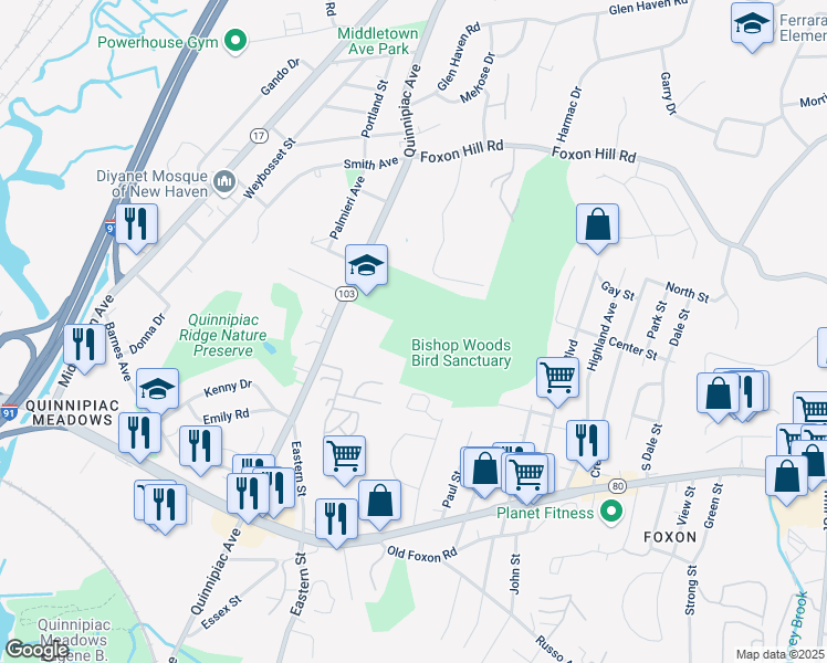 map of restaurants, bars, coffee shops, grocery stores, and more near 1481 Quinnipiac Avenue in New Haven
