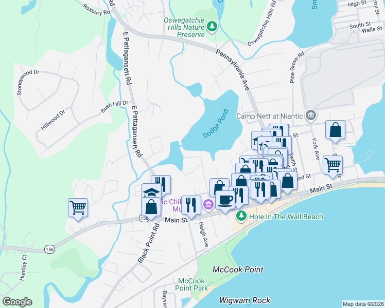 map of restaurants, bars, coffee shops, grocery stores, and more near 6 Lake Avenue Extension in East Lyme