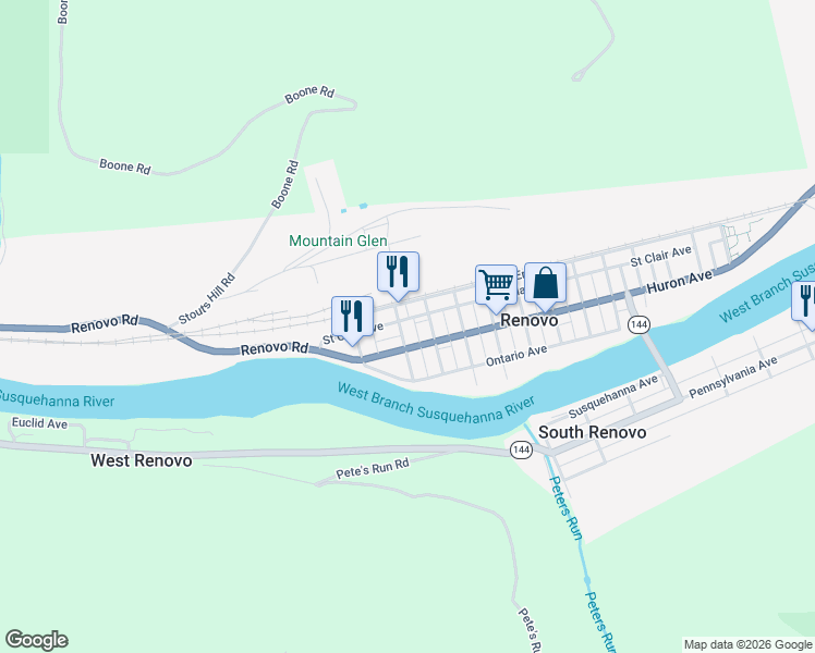 map of restaurants, bars, coffee shops, grocery stores, and more near 362-410 Saint Clair Avenue in Renovo