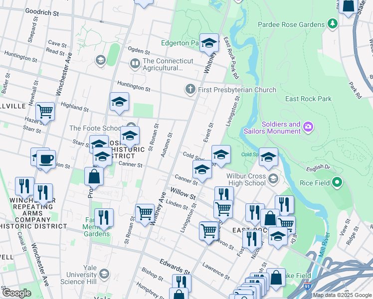 map of restaurants, bars, coffee shops, grocery stores, and more near 591 Whitney Avenue in New Haven