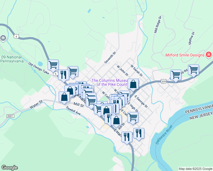 map of restaurants, bars, coffee shops, grocery stores, and more near 214 West High Street in Milford