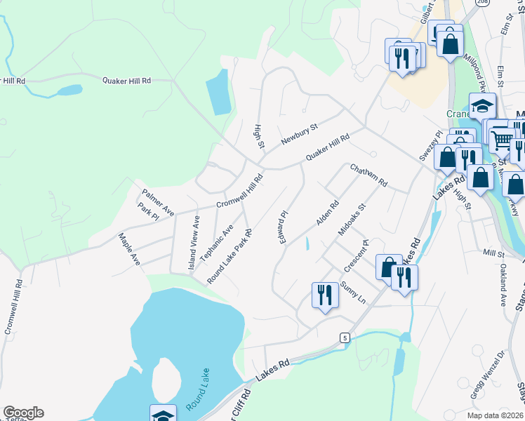 map of restaurants, bars, coffee shops, grocery stores, and more near 17 Round Lake Avenue in Monroe