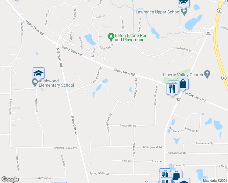 map of restaurants, bars, coffee shops, grocery stores, and more near 8174 Crystal Creek Road in Northfield