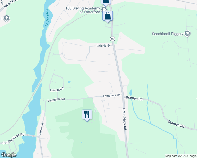 map of restaurants, bars, coffee shops, grocery stores, and more near 21 Whaling Drive in Waterford