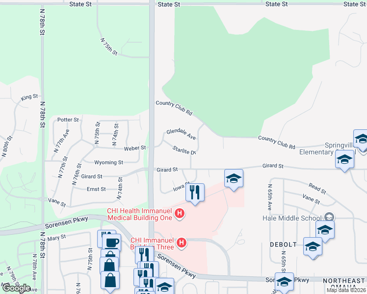 map of restaurants, bars, coffee shops, grocery stores, and more near 7058 Starlite Drive in Omaha