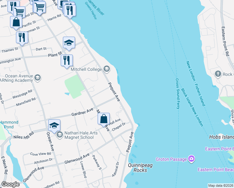 map of restaurants, bars, coffee shops, grocery stores, and more near 515 Pequot Avenue in New London