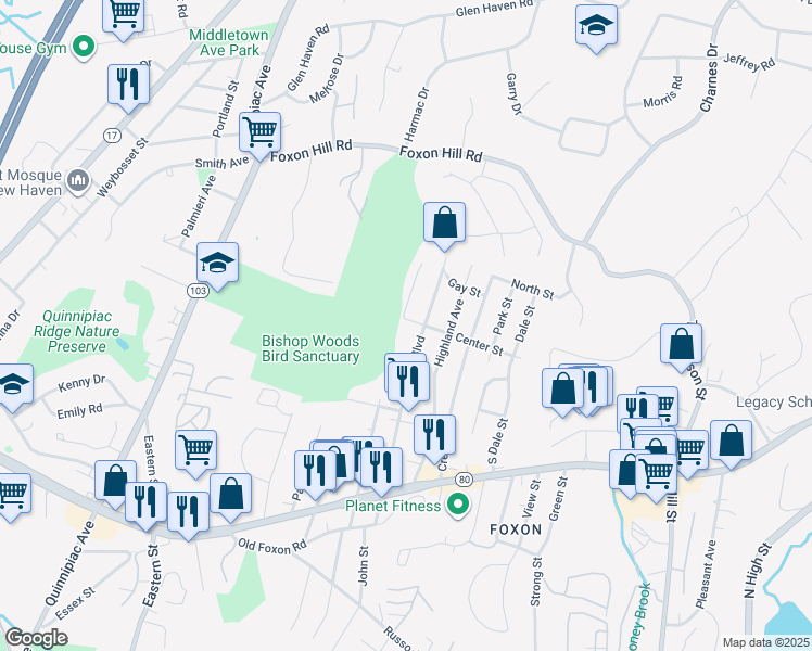 map of restaurants, bars, coffee shops, grocery stores, and more near 183 Rose Street Extension in East Haven