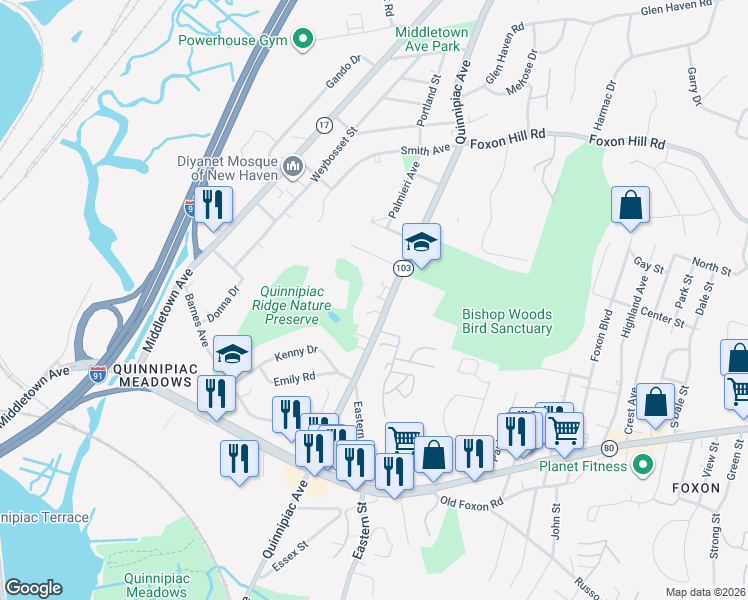 map of restaurants, bars, coffee shops, grocery stores, and more near 1462 Quinnipiac Avenue in New Haven