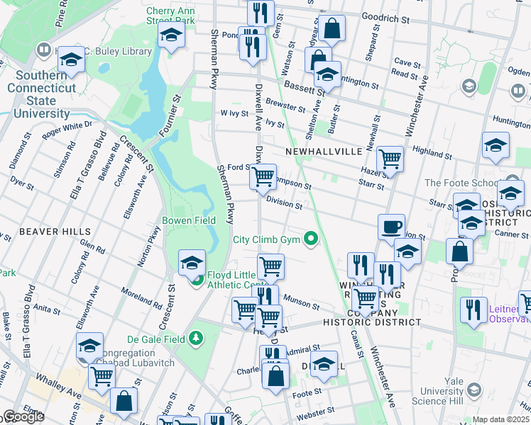 map of restaurants, bars, coffee shops, grocery stores, and more near 487 Dixwell Avenue in New Haven