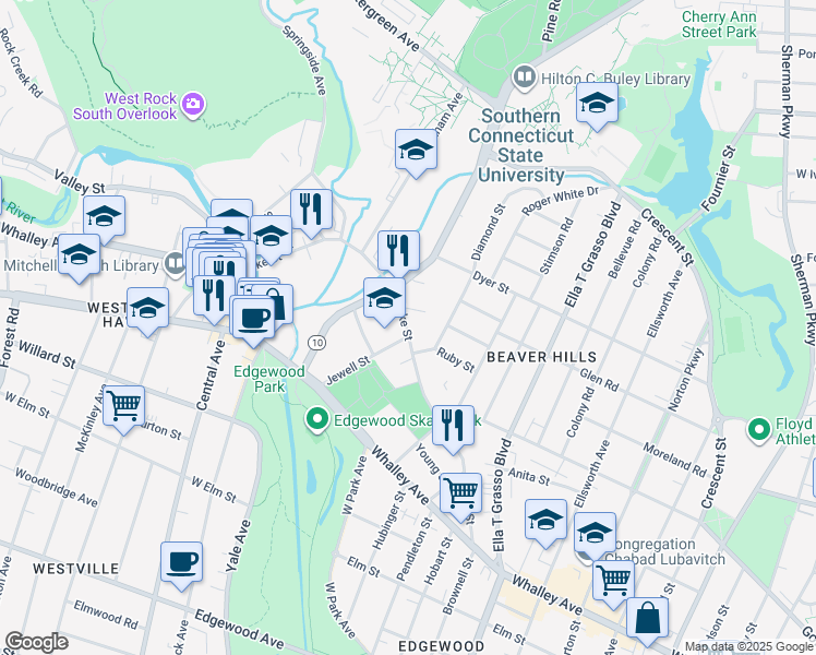map of restaurants, bars, coffee shops, grocery stores, and more near 253 Blake Street in New Haven