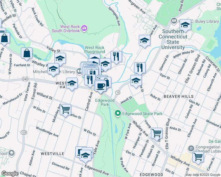 map of restaurants, bars, coffee shops, grocery stores, and more near 50 Fitch Street in New Haven