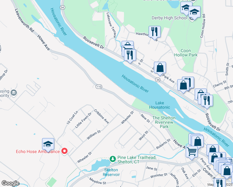 map of restaurants, bars, coffee shops, grocery stores, and more near 899 Howe Avenue in Shelton