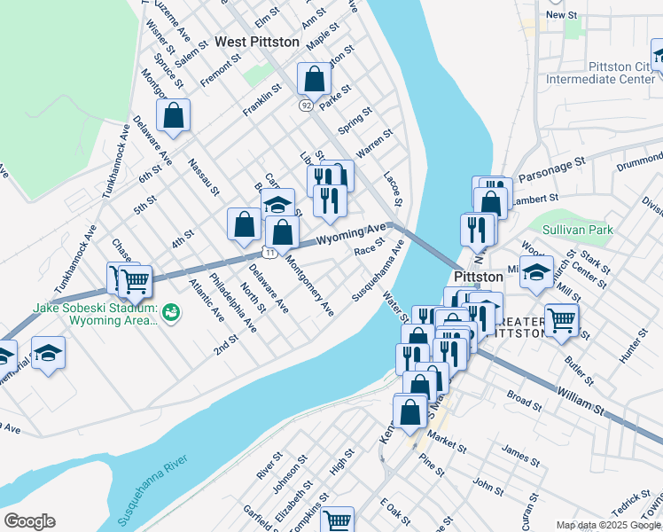 map of restaurants, bars, coffee shops, grocery stores, and more near 316 Race Street in Luzerne County