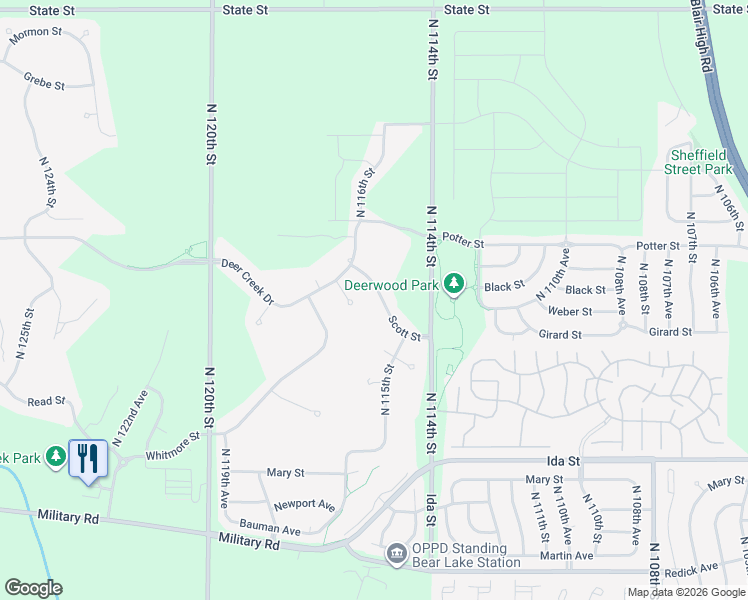 map of restaurants, bars, coffee shops, grocery stores, and more near 11538 Scott Street in Omaha