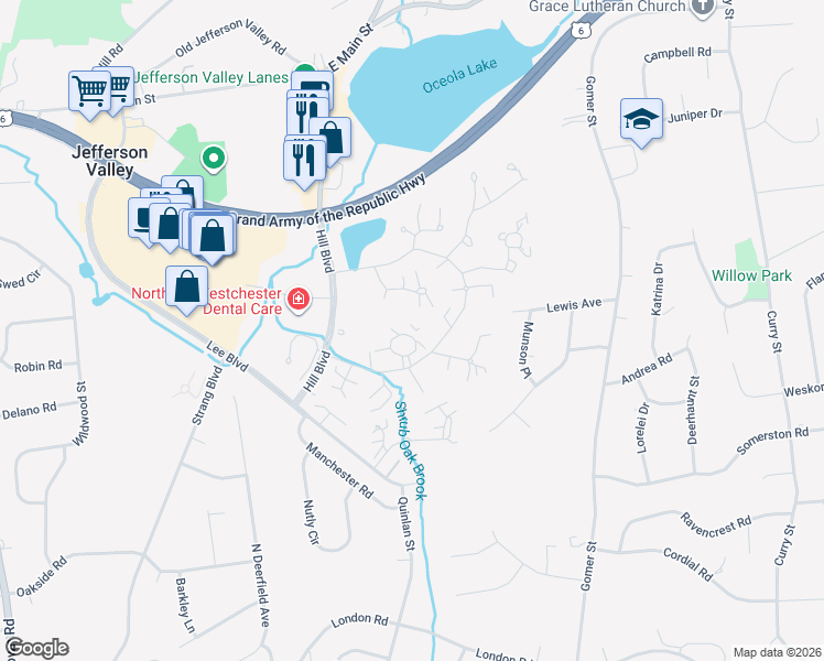map of restaurants, bars, coffee shops, grocery stores, and more near 52 Jefferson Oval in Yorktown Heights