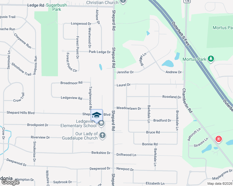 map of restaurants, bars, coffee shops, grocery stores, and more near 9237 Shepard Road in Macedonia