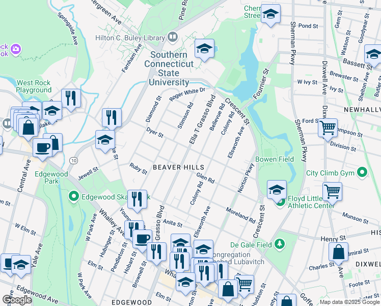 map of restaurants, bars, coffee shops, grocery stores, and more near 1745 Ella T Grasso Boulevard in New Haven