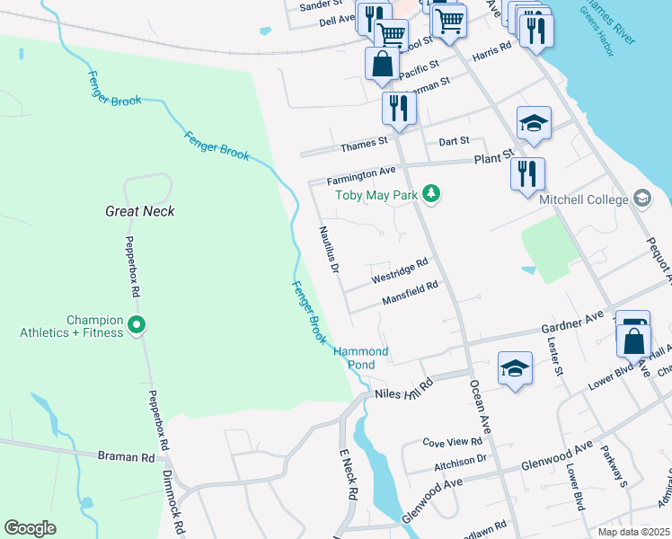 map of restaurants, bars, coffee shops, grocery stores, and more near 242 Nautilus Drive in New London