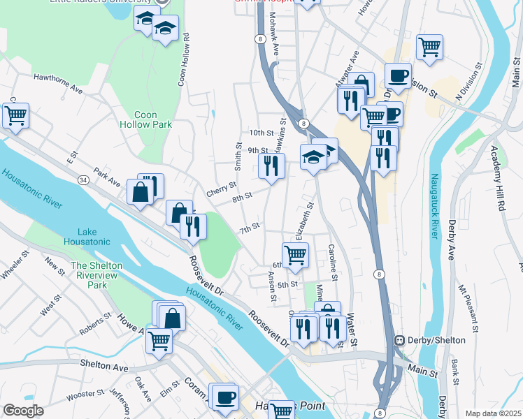 map of restaurants, bars, coffee shops, grocery stores, and more near 100 Hawkins Street in Derby