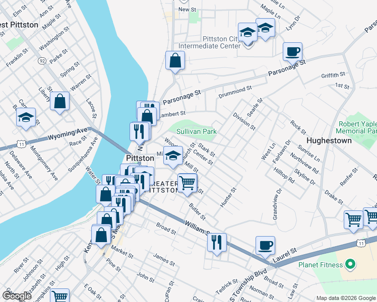 map of restaurants, bars, coffee shops, grocery stores, and more near 5 Stark Street in Pittston