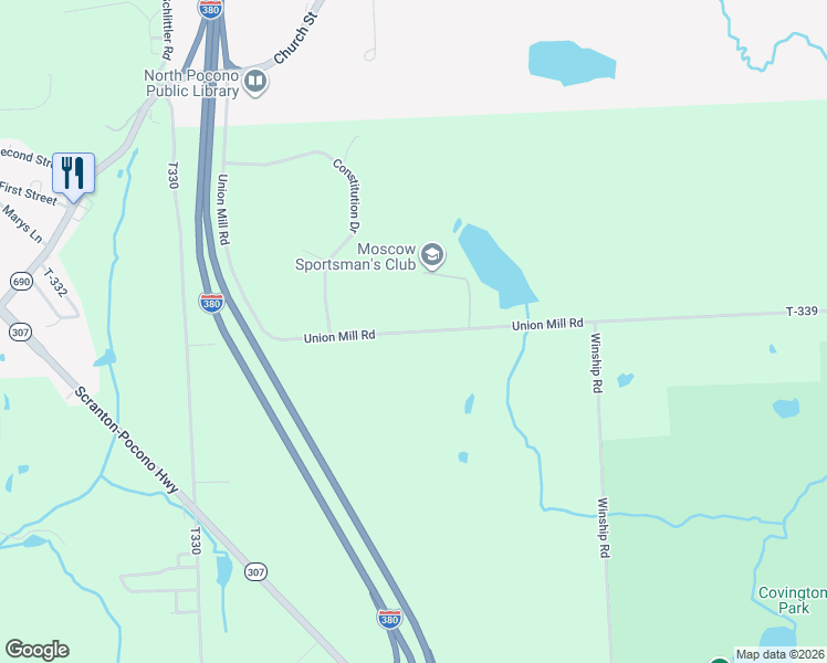 map of restaurants, bars, coffee shops, grocery stores, and more near T339 in Lackawanna County