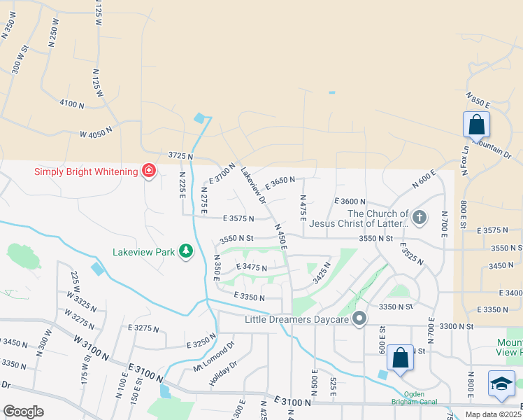 map of restaurants, bars, coffee shops, grocery stores, and more near 3587 Lakeview Drive in North Ogden