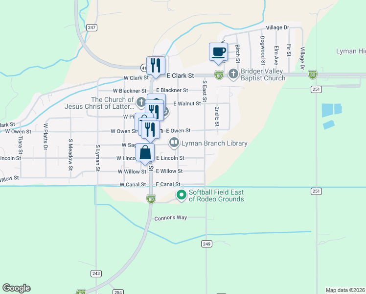 map of restaurants, bars, coffee shops, grocery stores, and more near 201 East Sage Street in Lyman