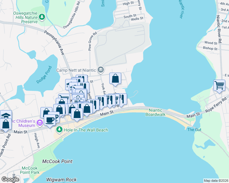 map of restaurants, bars, coffee shops, grocery stores, and more near Smith Avenue in East Lyme