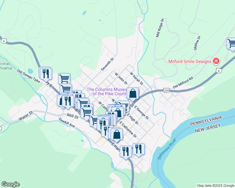 map of restaurants, bars, coffee shops, grocery stores, and more near 202 West George Street in Milford