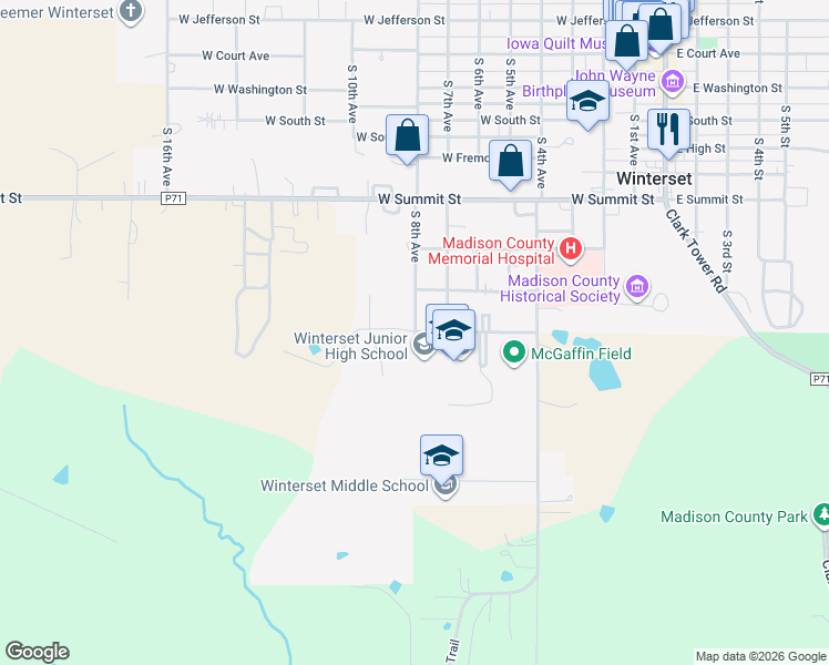 map of restaurants, bars, coffee shops, grocery stores, and more near 624 Husky Drive in Winterset