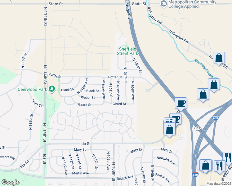 map of restaurants, bars, coffee shops, grocery stores, and more near 7412 North 107th Avenue in Omaha