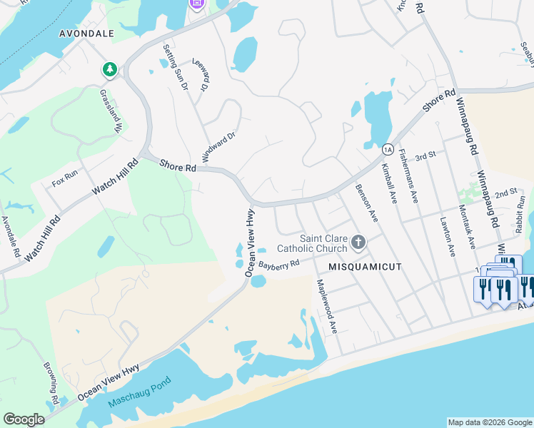 map of restaurants, bars, coffee shops, grocery stores, and more near 33 Shore Road in Westerly
