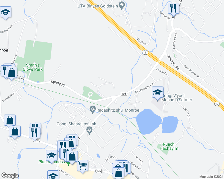 map of restaurants, bars, coffee shops, grocery stores, and more near 17 King Street in Monroe