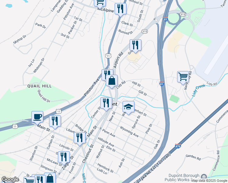 map of restaurants, bars, coffee shops, grocery stores, and more near 126 Main St in Dupont