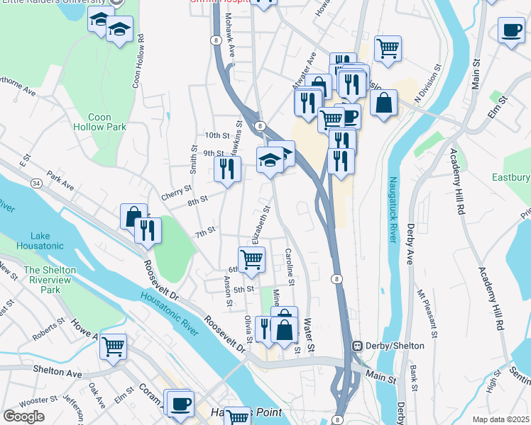 map of restaurants, bars, coffee shops, grocery stores, and more near 313 Elizabeth Street in Derby