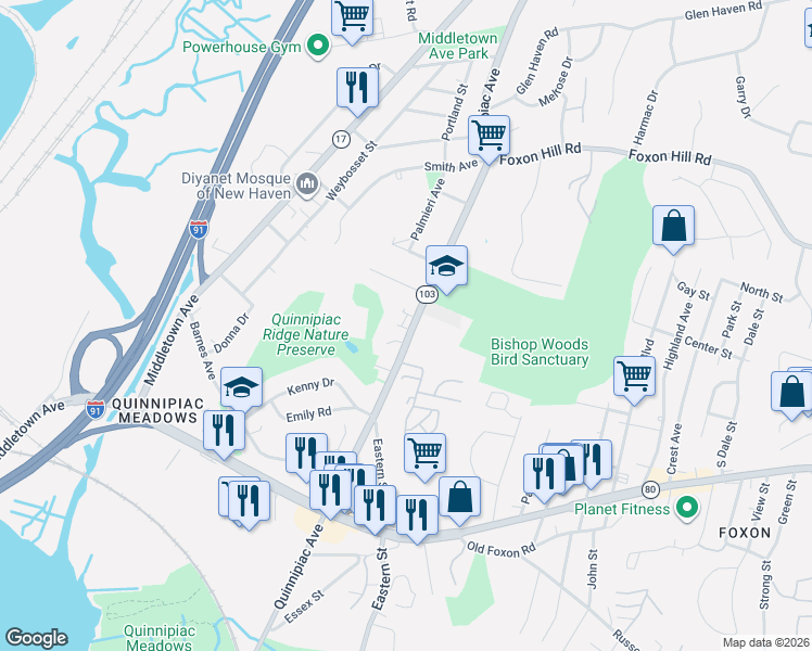 map of restaurants, bars, coffee shops, grocery stores, and more near 1464 Quinnipiac Avenue in New Haven