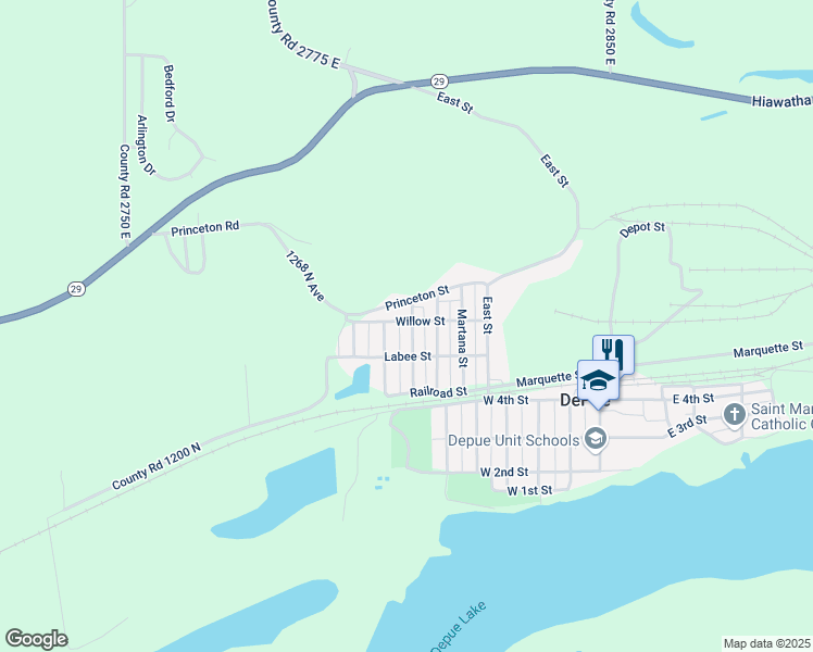 map of restaurants, bars, coffee shops, grocery stores, and more near 226 Newell Street in DePue