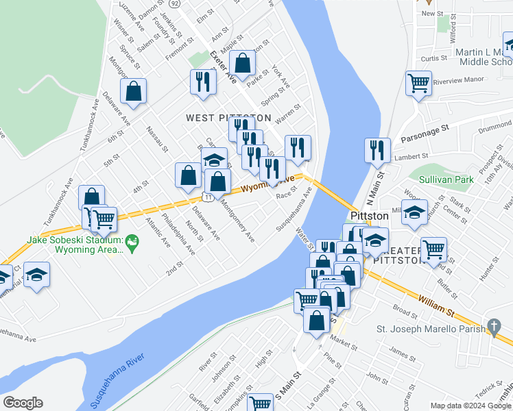 map of restaurants, bars, coffee shops, grocery stores, and more near 316 Race Street in Luzerne County