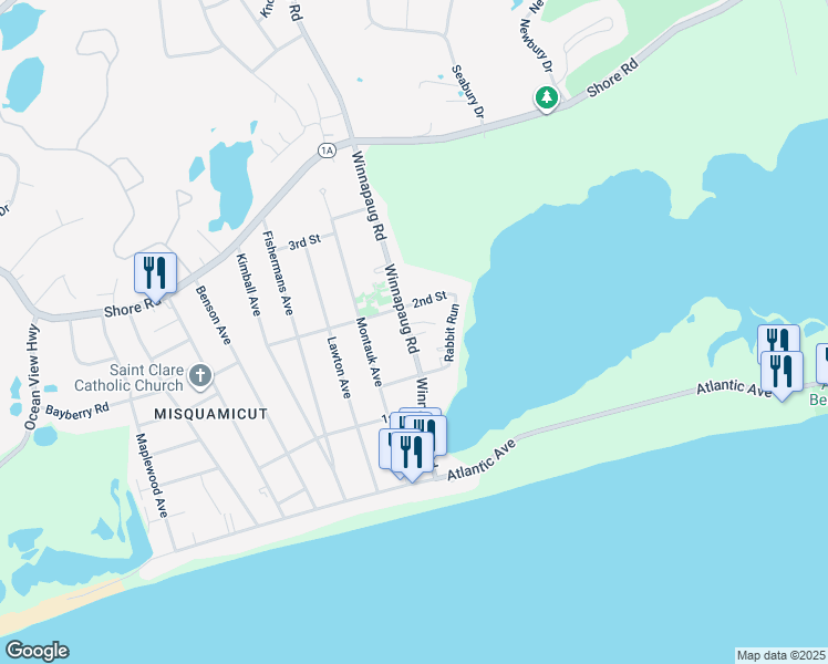 map of restaurants, bars, coffee shops, grocery stores, and more near 55 Winnapaug Road in Westerly