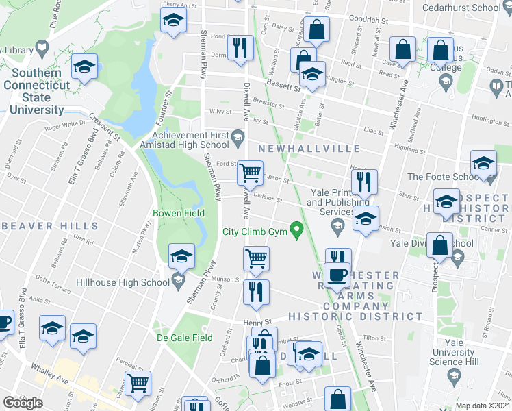 map of restaurants, bars, coffee shops, grocery stores, and more near 487 Dixwell Avenue in New Haven