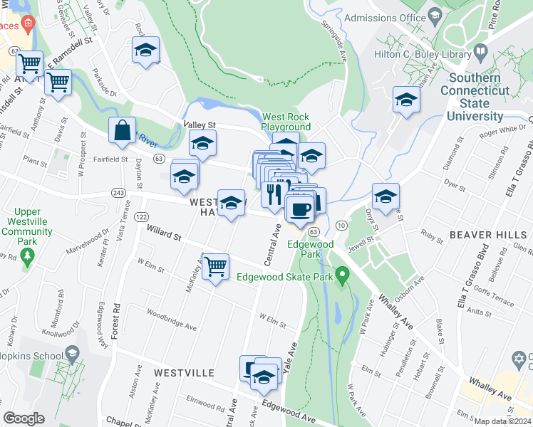 map of restaurants, bars, coffee shops, grocery stores, and more near 71 Fountain Street in New Haven